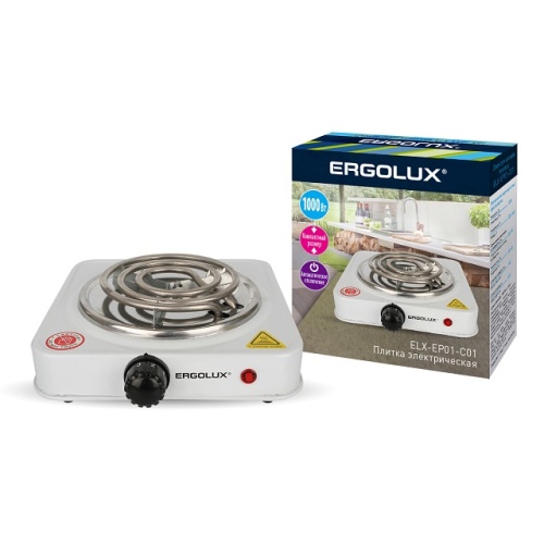 Электроплитка ERGOLUX ELX-EP01-C01 220В 1000Вт, спиральный ТЭН, одноконфорочная белая фото 2