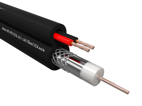 Кабель коаксиальный с пит RG-59U Netko (CCA, AL) + 2x0.75мм2 CCA мн/ж , КВОС, внешний, черный (100м) фото 2