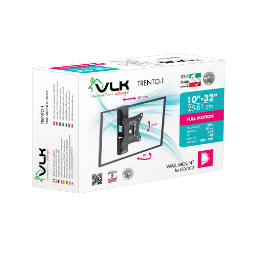 Кронштейн настенный VLK TRENTO-1 10-32" (наклон -15°/+15°, поворот 90°, до 20 кг, черный) фото 2
