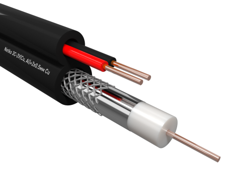 Кабель коаксиальный с пит 3C-2V Netko (CU, AL) +2x0.5мм CU одн/ж, ККСП, наружный, черный (100м) фото 2
