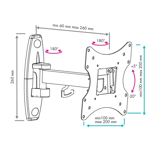 Кронштейн настенный VLK TRENTO-5 20-43" (наклон +5°/-20°, поворот 180°, до 25 кг, черный) фото 3
