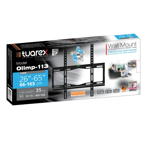 Кронштейн настенный TUAREX OLIMP-113 26-65" (фиксированный, вылет 25 мм, до 35 кг, чёрный) фото 2