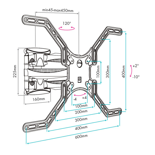 Кронштейн настенный VLK TRENTO-12 26-70" (наклон +2°/-10°, поворот 120°, до 45 кг, черный) фото 3 Кронштейн настенный VLK TRENTO-12 26-70" (наклон +2°/-10°, поворот 120°, до 45 кг, черный) фото 3