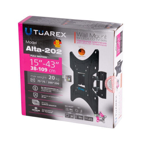 Кронштейн настенный Tuarex ALTA-202 15"-43" (наклон +5/-15°, поворот 60°,  до 20 кг, черный) фото 5