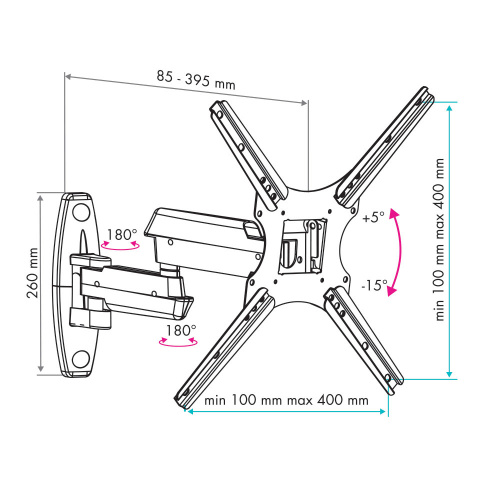 Кронштейн настенный VLK TRENTO-7 22-55" ( наклон + 5° -15°, поворот 180°, до 25 кг, черный) фото 2 Кронштейн настенный VLK TRENTO-7 22-55" ( наклон + 5° -15°, поворот 180°, до 25 кг, черный) фото 2