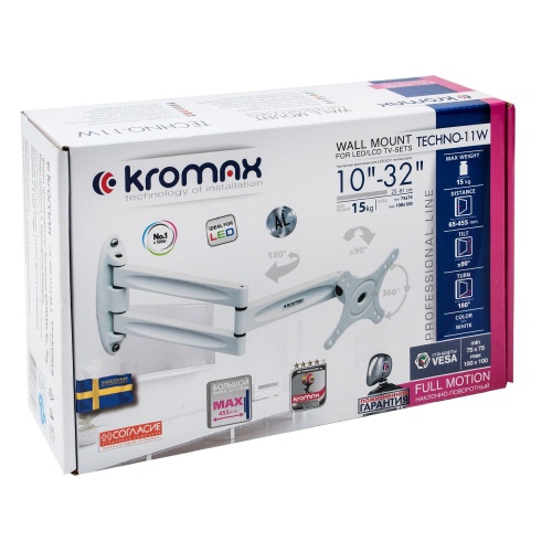 Кронштейн настенный Kromax TECHNO-11 10-32" (наклон -90°/+90°, поворот 180°, до 15 кг, белый) фото 2