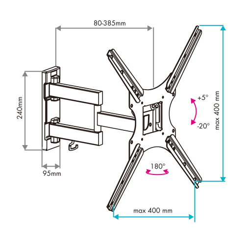 Кронштейн настенный VLK TRENTO-17 20-55" (наклон +5 -20°, поворот 180°, до 25 кг, черный) фото 5 Кронштейн настенный VLK TRENTO-17 20-55" (наклон +5 -20°, поворот 180°, до 25 кг, черный) фото 5