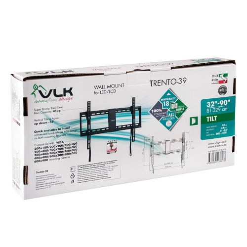 Кронштейн настенный VLK TRENTO-39 32-90" (наклон 0 -15°, вылет 32мм, до 45 кг, черный) фото 7
