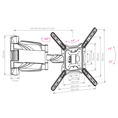 Кронштейн настенный ARM MEDIA COBRA-40 22-65" (наклон +5°/-15°, поворот 180°, до 35 кг, чёрный) фото 5