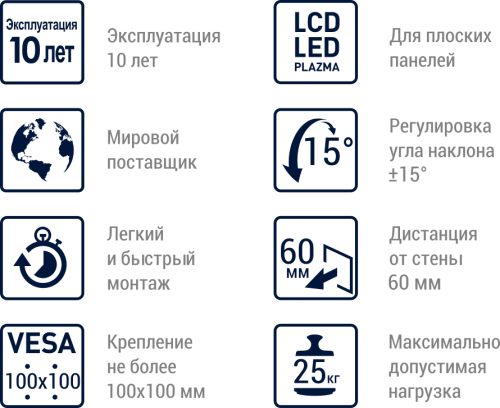 Кронштейн настенный MART 104S 10-26 (наклон -15°/+15°, до 25 кг, черный) фото 2