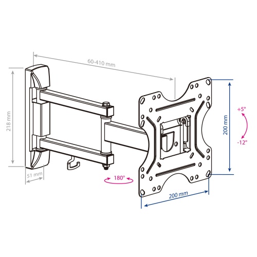 Кронштейн настенный Kromax OPTIMA-214 20-43" (наклон +5°/-12°, поворот 180°, до 30 кг, черный) фото 3