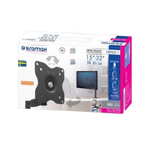 Кронштейн для монитора Kromax OFFICE-1 15-32" (наклон ±30, поворот 360°, до 10 кг, серый) фото 2