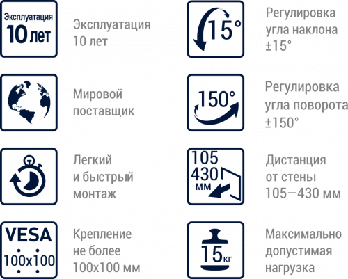 Кронштейн настенный MART 107S 10-26" (наклон -15°/+15°, поворот -150/+150, до 15 кг, черный) фото 2 Кронштейн настенный MART 107S 10-26" (наклон -15°/+15°, поворот -150/+150, до 15 кг, черный) фото 2