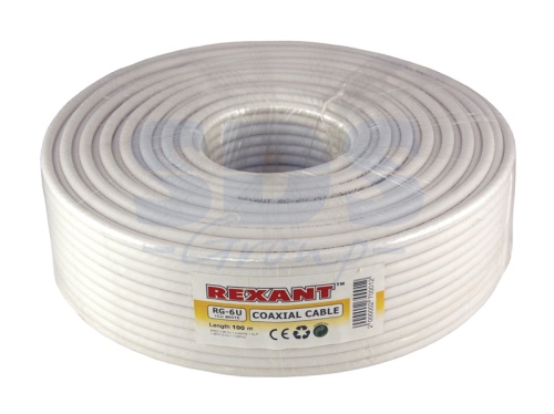 Кабель коаксиальный REXANT RG-6U, 75 Ом, Cu/Al/Cu, 64%, бухта 100 м, белый