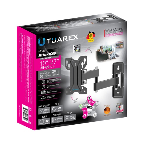 Кронштейн настенный Tuarex ALTA-109 10"-27" (наклон +15/-15°, поворот 180°,  до 20 кг, черный) фото 3