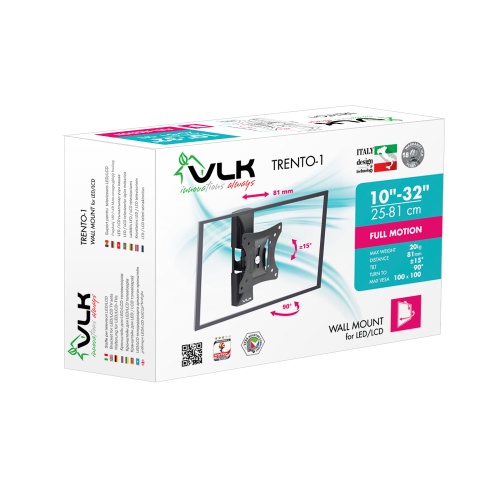 Кронштейн настенный VLK TRENTO-1 10-32" (наклон -15°/+15°, поворот 90°, до 20 кг, черный) фото 2