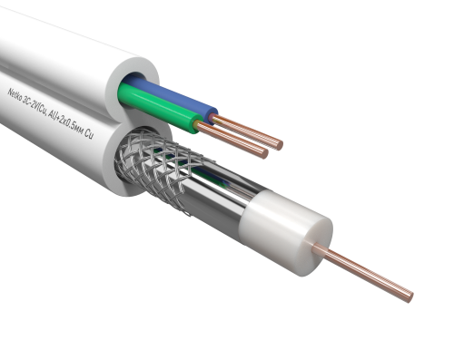 Кабель коаксиальный с пит 3C-2V Netko (CU, AL) +2x0.5мм CU одн/ж, ККСВ, внутренний, белый (100м)