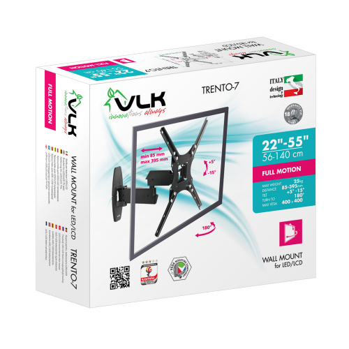Кронштейн настенный VLK TRENTO-7 22-55" ( наклон + 5° -15°, поворот 180°, до 25 кг, черный) фото 3 Кронштейн настенный VLK TRENTO-7 22-55" ( наклон + 5° -15°, поворот 180°, до 25 кг, черный) фото 3