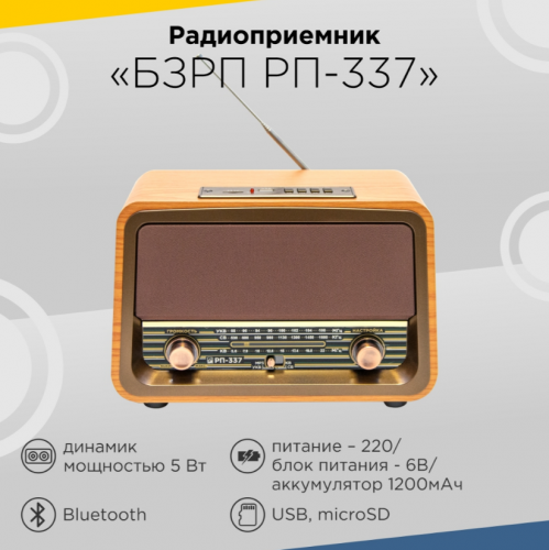 Радиоприемник "БЗРП РП-337", УКВ 88-108МГц, СВ, КВ, 220V, DC6В, акб 1200мАч, BT/USB/microSD фото 2 Радиоприемник "БЗРП РП-337", УКВ 88-108МГц, СВ, КВ, 220V, DC6В, акб 1200мАч, BT/USB/microSD фото 2