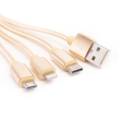 Шнур USB A 2.0-USB Type-C,USB B micro,Lightning, 0,2м, золотой, АТОМ фото 4