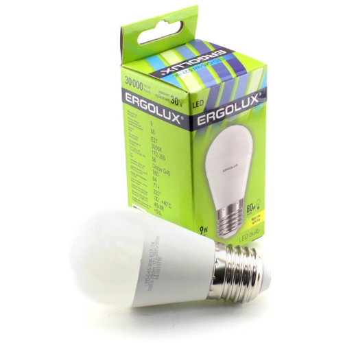 Лампа св/диод. ERGOLUX LED G45-9W-E27-3K 230В  9(80)W 3000K E27 теплый белый свет шарик